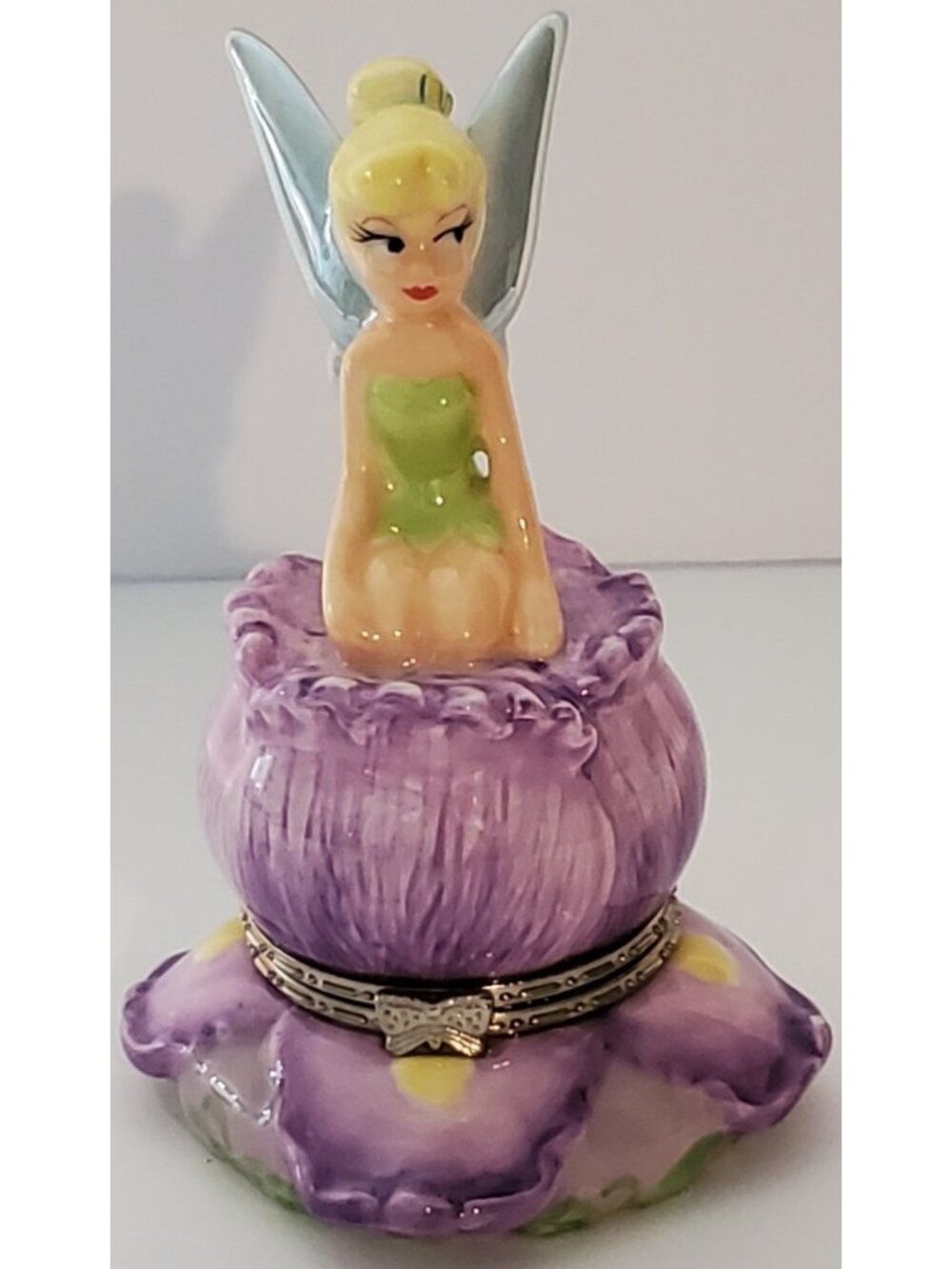 Disney Store TINKERBELL TRINKET BOX Tinker Bell fairy sit on purple flower 3.75h